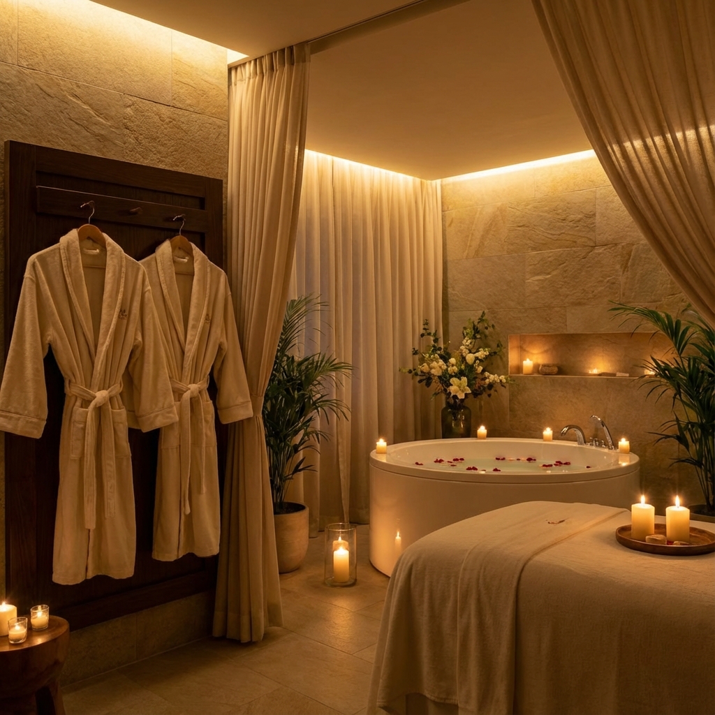Luxury spa treatment room with ambient lighting, plush robes, and serene atmosphere