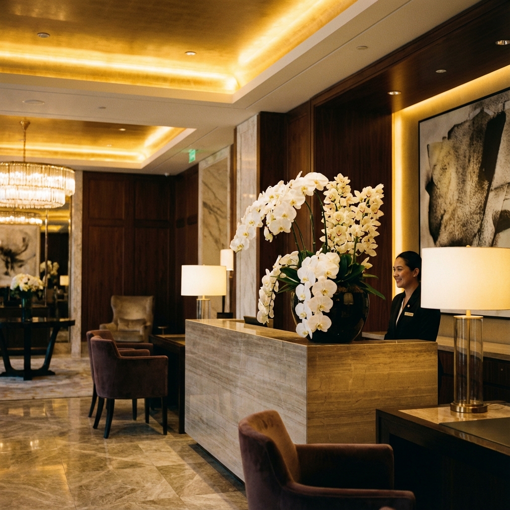 Elegant reception area with fresh orchids and warm lighting