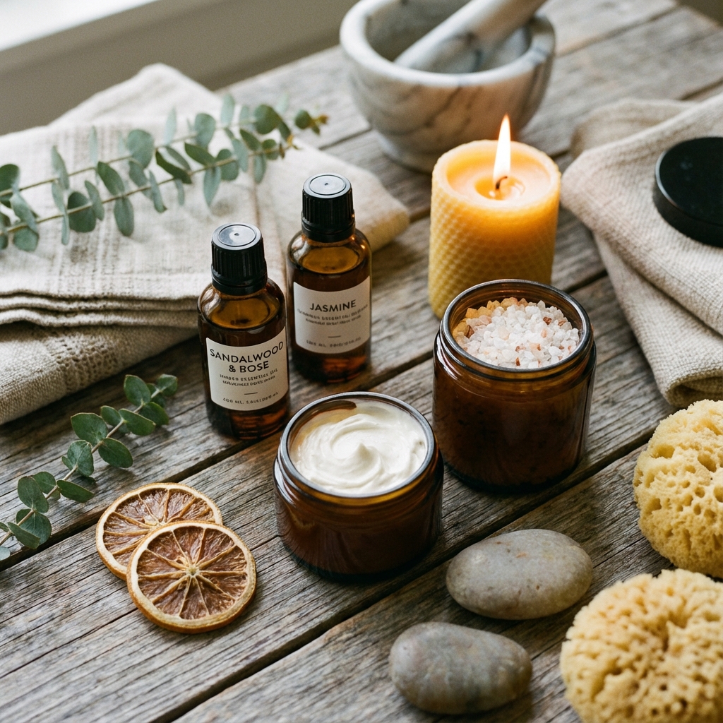 Close-up of luxury spa products, essential oils, and natural elements