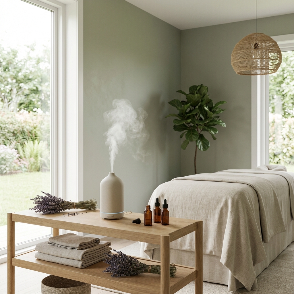 Tranquil treatment room with essential oil diffuser and natural light